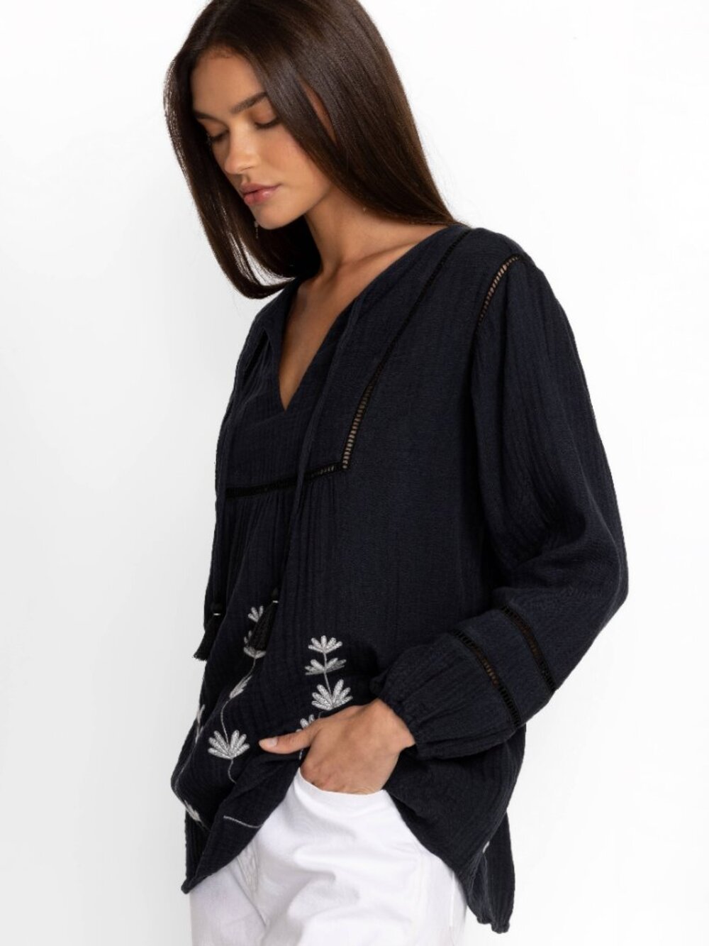 Johnny Was Calme Black Embroidered Tunic S fit M? Cotton Gauze, Ladder-Stitching